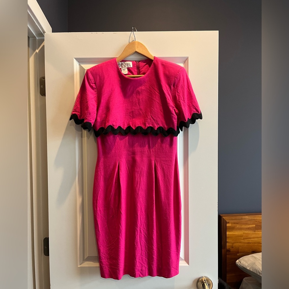 Vintage Linen Blend Pink Dress with Black Trim